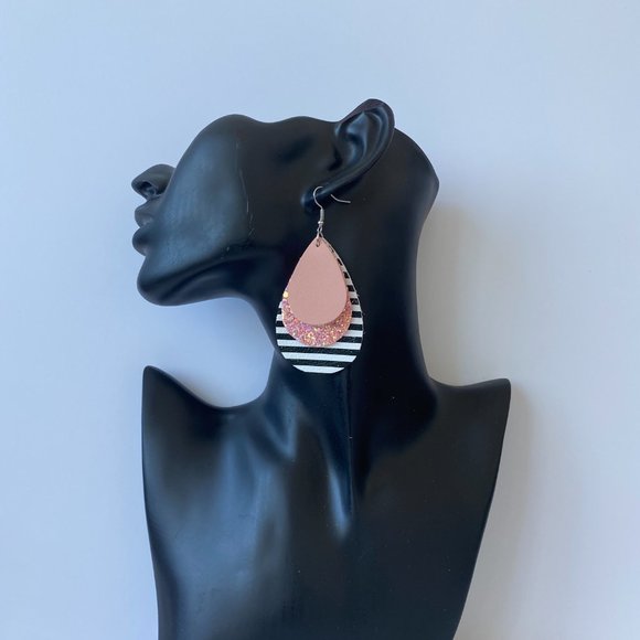 Sparkly, Striped Tear Drop Earrings - Mauve - Picture 2 of 2